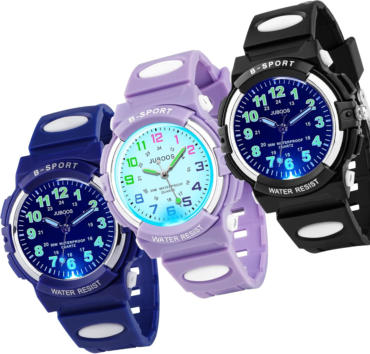 Juboos 2PCS Kids Watch Analog with 7 Colorful Night Lights Boys Girls Waterproof Soft Strap Kids Time Teaching Quartz Wristwatch for Ages 5-18