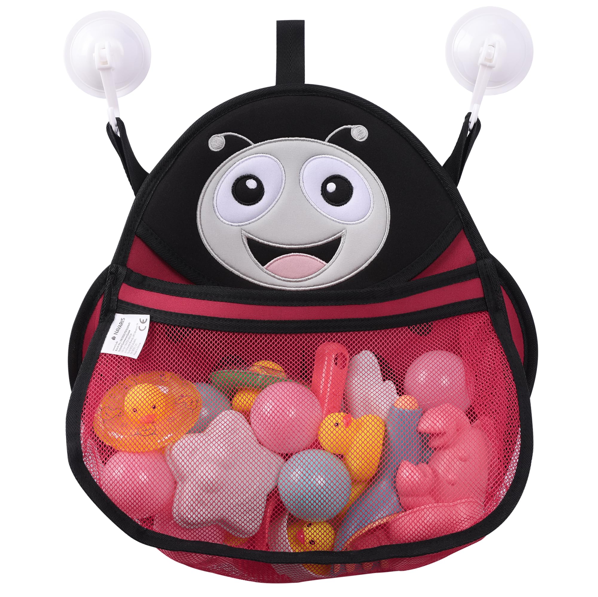 Navaris Red Baby Bath Toy Holder - Mould-Resistant Bath Storage Mesh Net For Toys - Kids Friendly Bathroom Toy Basket Organiser With Suction Cups - Tidy Your Bathroom With Bag For Wall