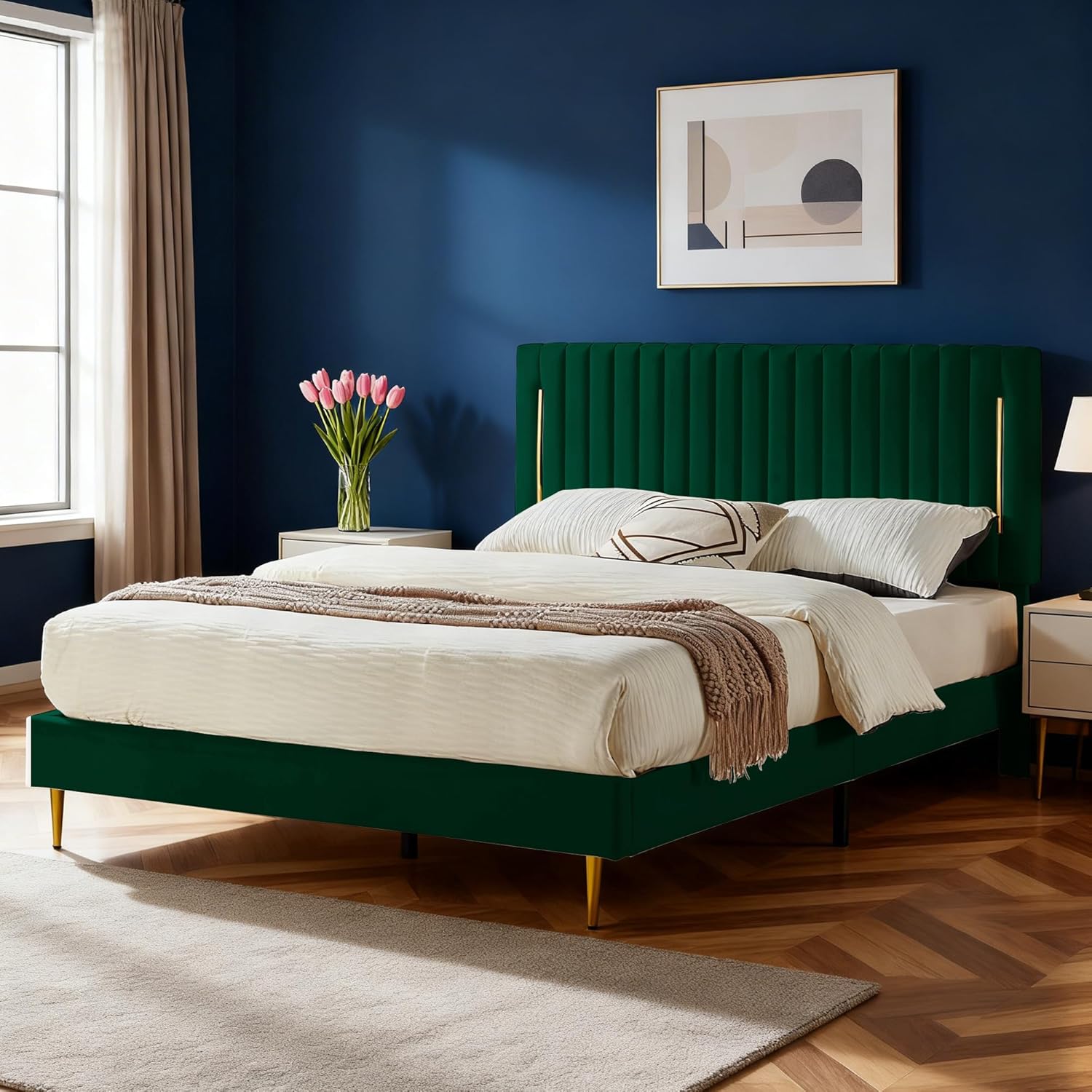 Furnify Full Platform Bed Frame, Velvet Upholstered Bedframe with Vertical Channel Adjustable Headboard, Golden Plating Trim, Mattress Foundation with Wooden Slats, No Box Spring Needed, Green