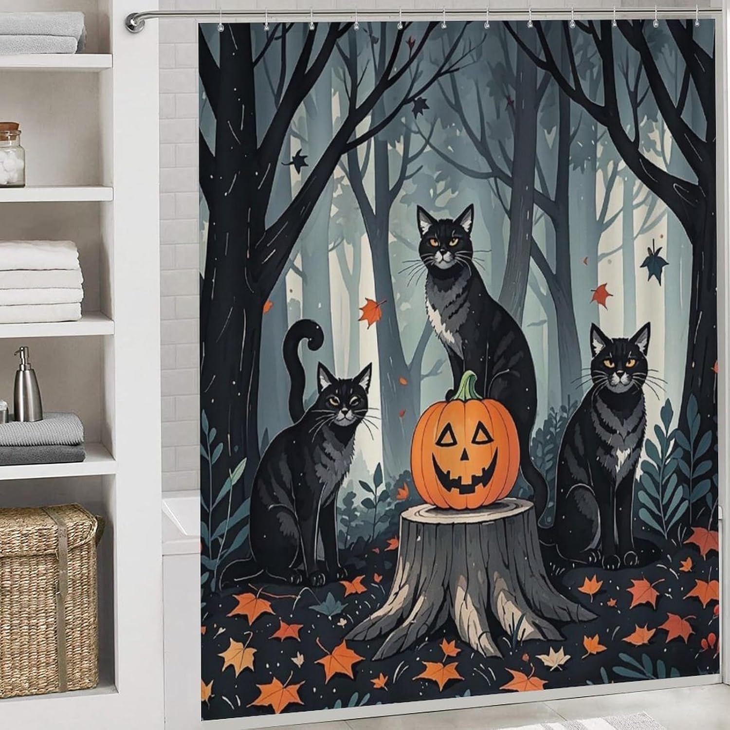 Art Fall Shower Curtain Set 4 Piece, Non-Slip Bath Mat with Toilet Lid Cover and Waterproof Shower Curtain with 12 Hooks, Complete Bathroom Set for Home Decor