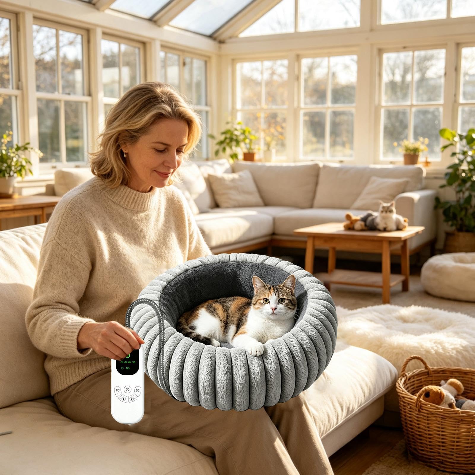 Cuscino riscaldante per gatti, rotondo, con timer e 9 livelli di calore | Grande cuccia per gatti per casa, angolo, interni, esterni, soggiorno, camera da letto, ufficio, pavimento, viaggio, gioco
