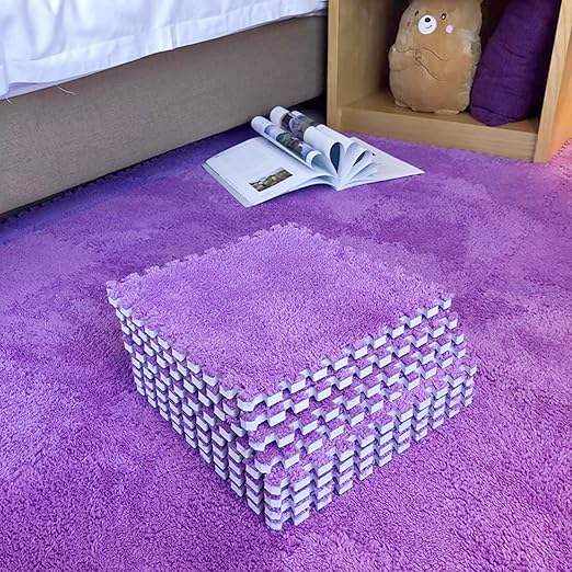 Interlocking Carpet Shaggy Soft EVA Foam Mats Fluffy Area Rugs Protective Floor Tiles Exercise Play Mat for Children Kids Room Home Parlor Bedroom (12 Pcs, Purple)