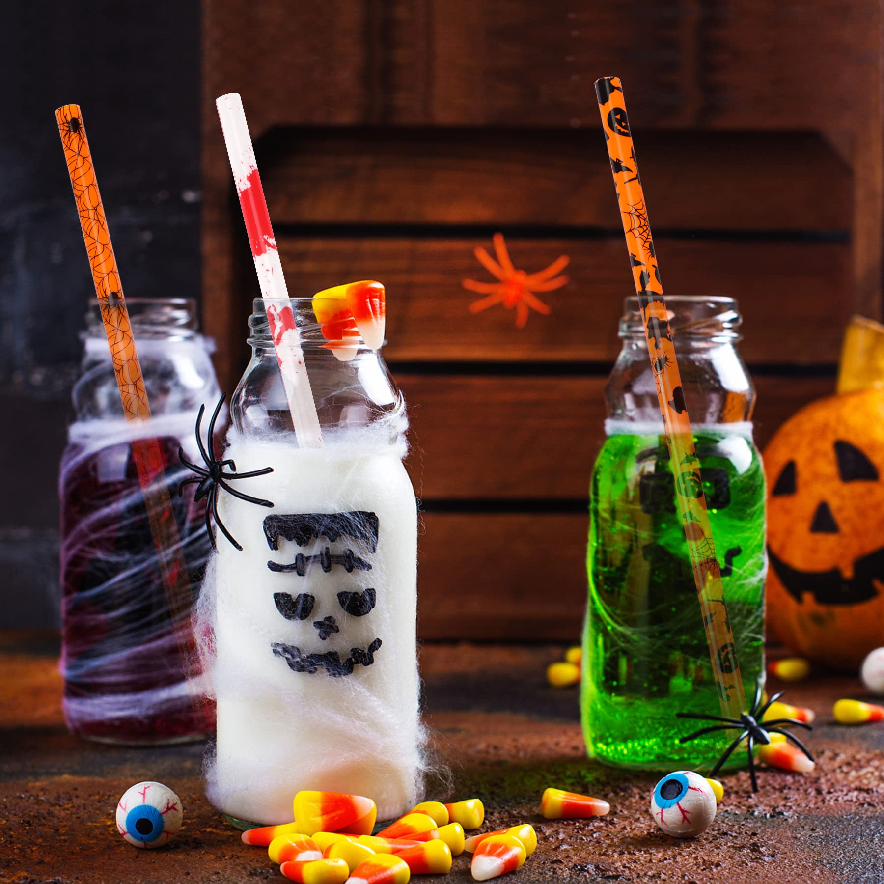 60 Wiederverwendbare Halloween-Strohhalme Aus Kunststoff – Orange, Lila, Schwarz – Mit Reinigungsbürsten