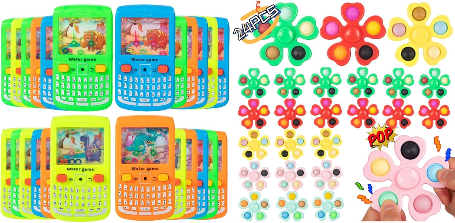 24 Pcs Handheld Water Game +24 Pcs Mini Pop Bubble Fidget Spinner Party Favors for Kids- Return Gifts-Goodie Bags Stuffers-School Classroom Prizes-Birthday Party Games
