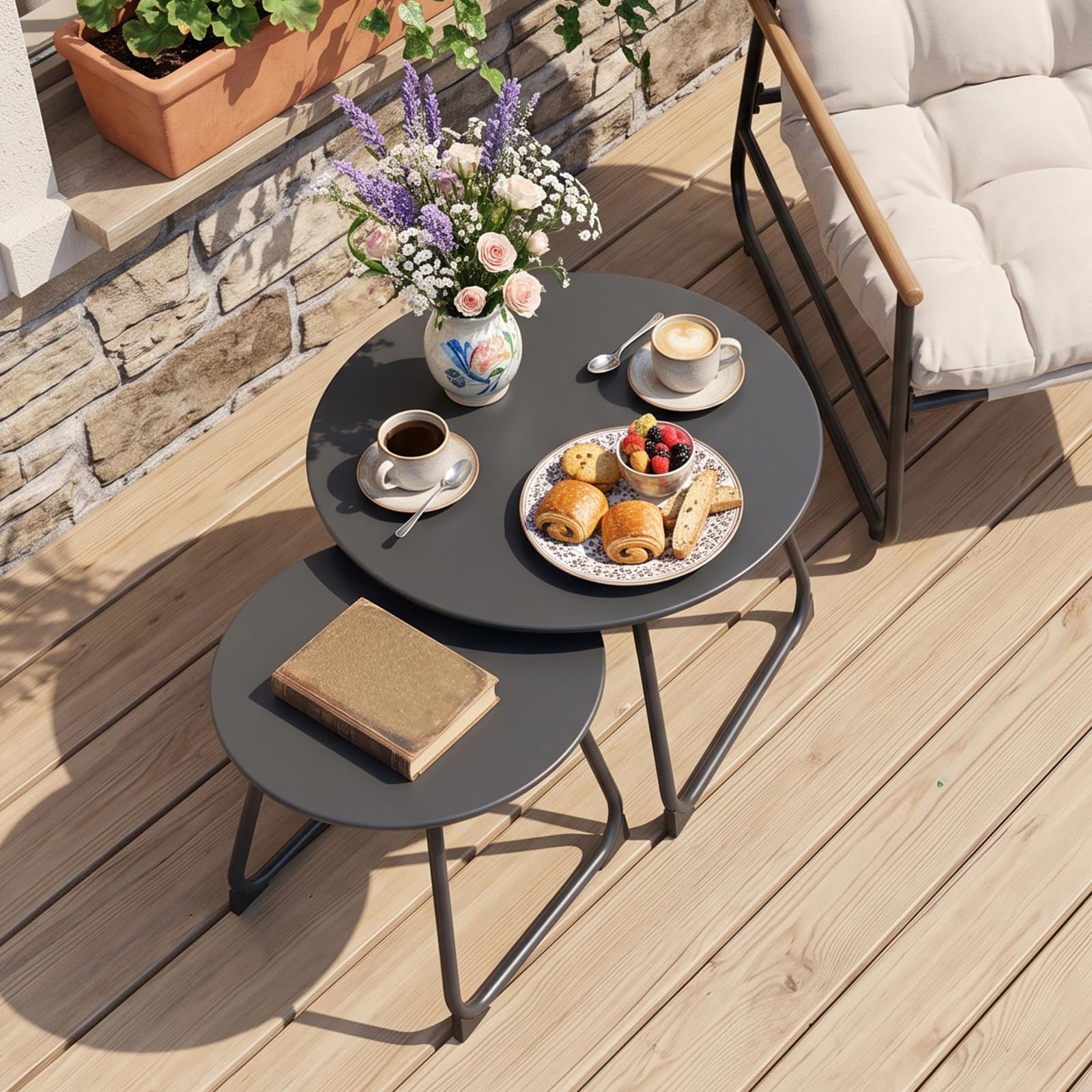 NATURAL EXPRESSIONS Aluminium Beistelltisch Outdoor 2er Set, Ø60/46 cm