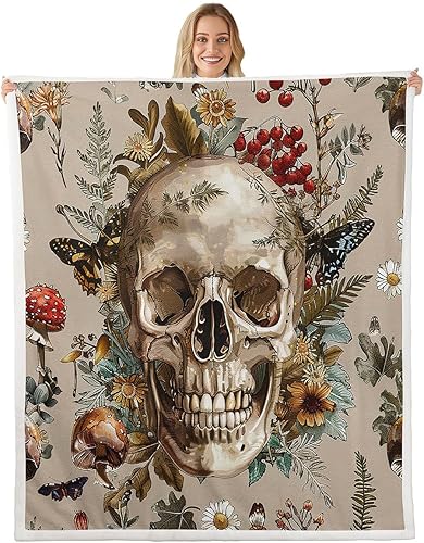 Manfei Manta gótica de calavera y mariposa, libélula y polilla, para niños y niñas, manta de cama con hojas de flores y hongos para sofá, manta de