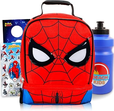 Spider-Man Lunch Box for Kids Bundle w/Insulated Lunch Bag + More | Soft Dual-Compartment Spider Man Lunchbox Plus Water Bottle, Stickers, More - Spiderman School Supplies