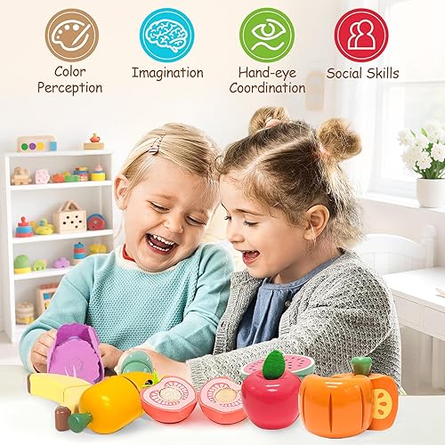 Miniatura 6 de WHOHOLL Juego de alimentos para jugar, accesorios de cocina, juguetes de madera, cortar alimentos, frutas y verduras Montessori, regalos de