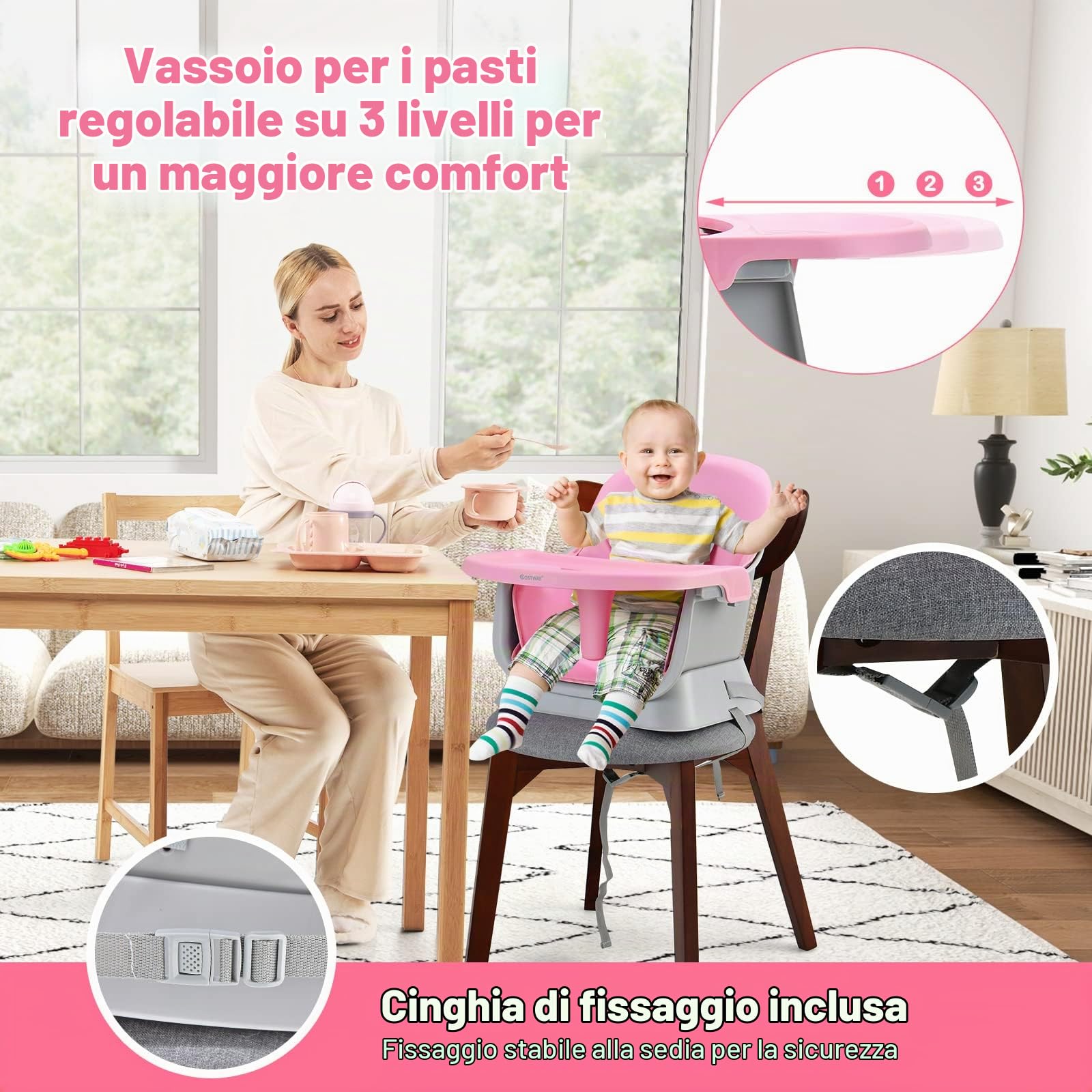 RELAX4LIFE 6 in 1 Seggiolone Pappa, Seggiolone Multfunzionale e Evolutivo con Imbracatura a 5 Punti, Vassoio Rimovibile e Regolabile, Tavolino e Sedia, per Neonati e Bambini 6-36Mesi, 25KG (Rosa)