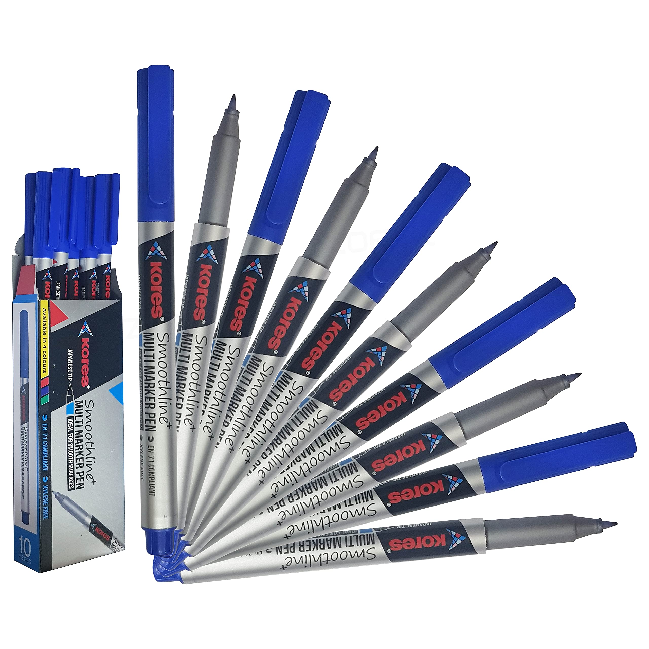 Kores Smoothline+ Permanent Marker Pens, BLUE, Fine Tip, Pack of 10, Write-4-All, Smooth Surface Markers, Waterproof Ink - Image 2