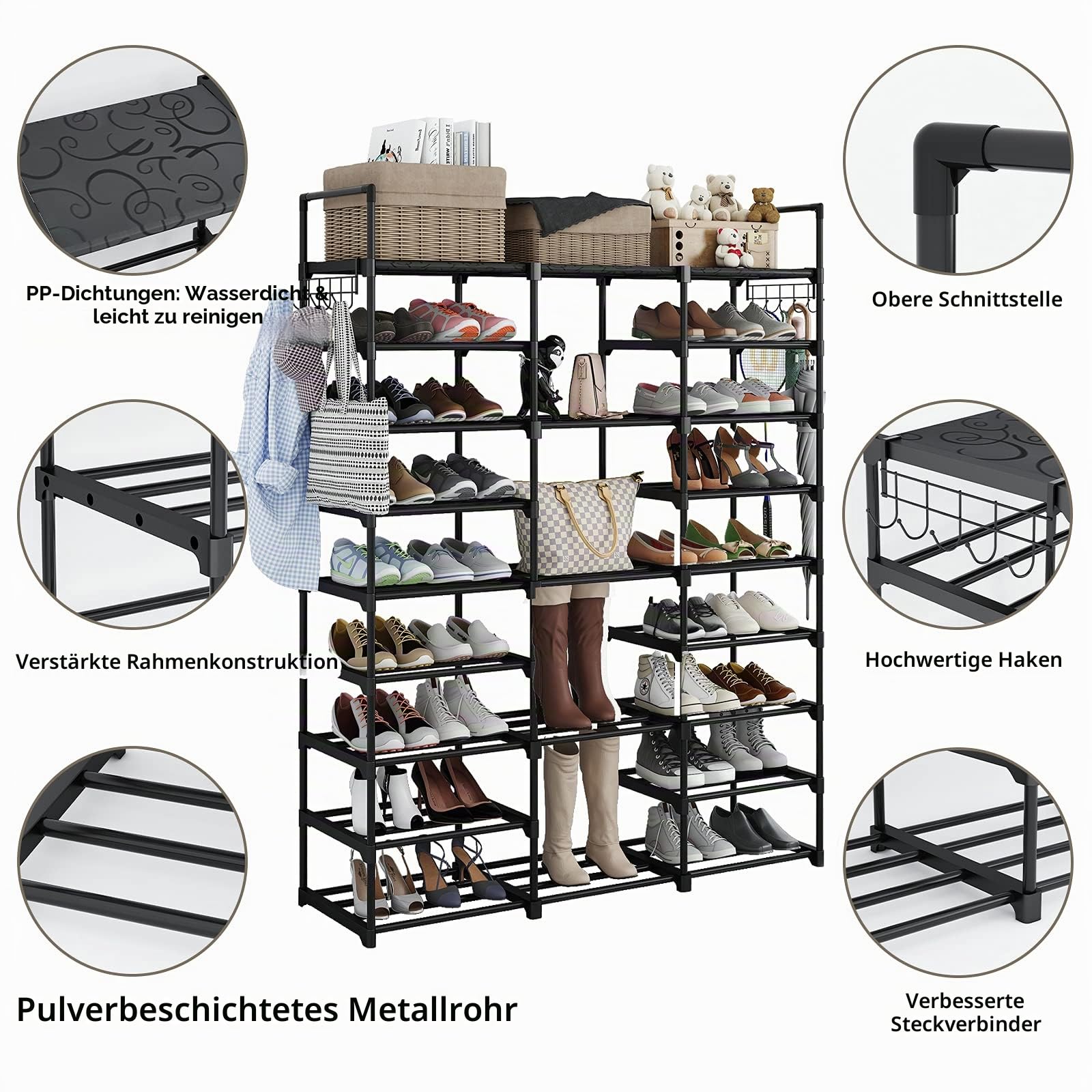 Schuhregal mit 9 Ebenen, DIY Schuhablagen 50-55 Paar Schuhe Aufbewahrung