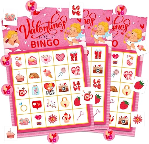 FLYAB Juegos de bingo de San Valentín para niños 26 jugadores tarjetas de bingo de San Valentín juegos de fiesta de San Valentín para escuela aula