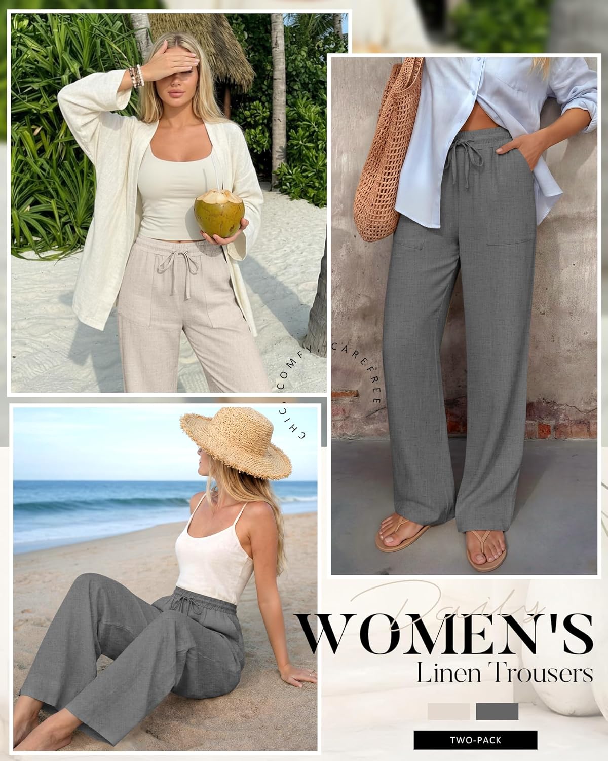 Neer 2 Pack Women's Linen Long Pants, Summer Drawstring Elastic Waist Flowy Straight Pant Casual Loose Beach Pant with Pocket - Image 2