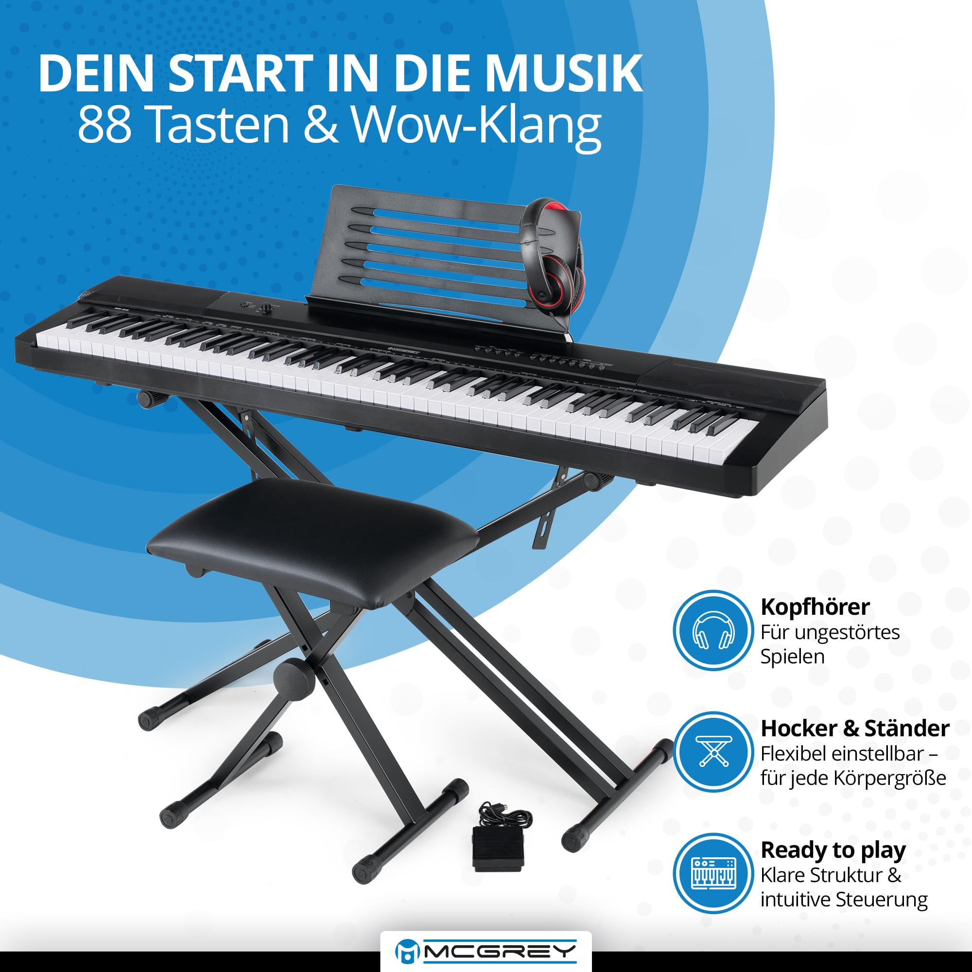 McGrey SK-88 Keyboard Super Kit Trolly Set - Einsteiger-Keyboard in Stagepiano-Optik mit 88 Tasten - 146 Klänge - inklusive Sustain-Pedal, Keyboardständer, Hocker und Kopfhörer - schwarz