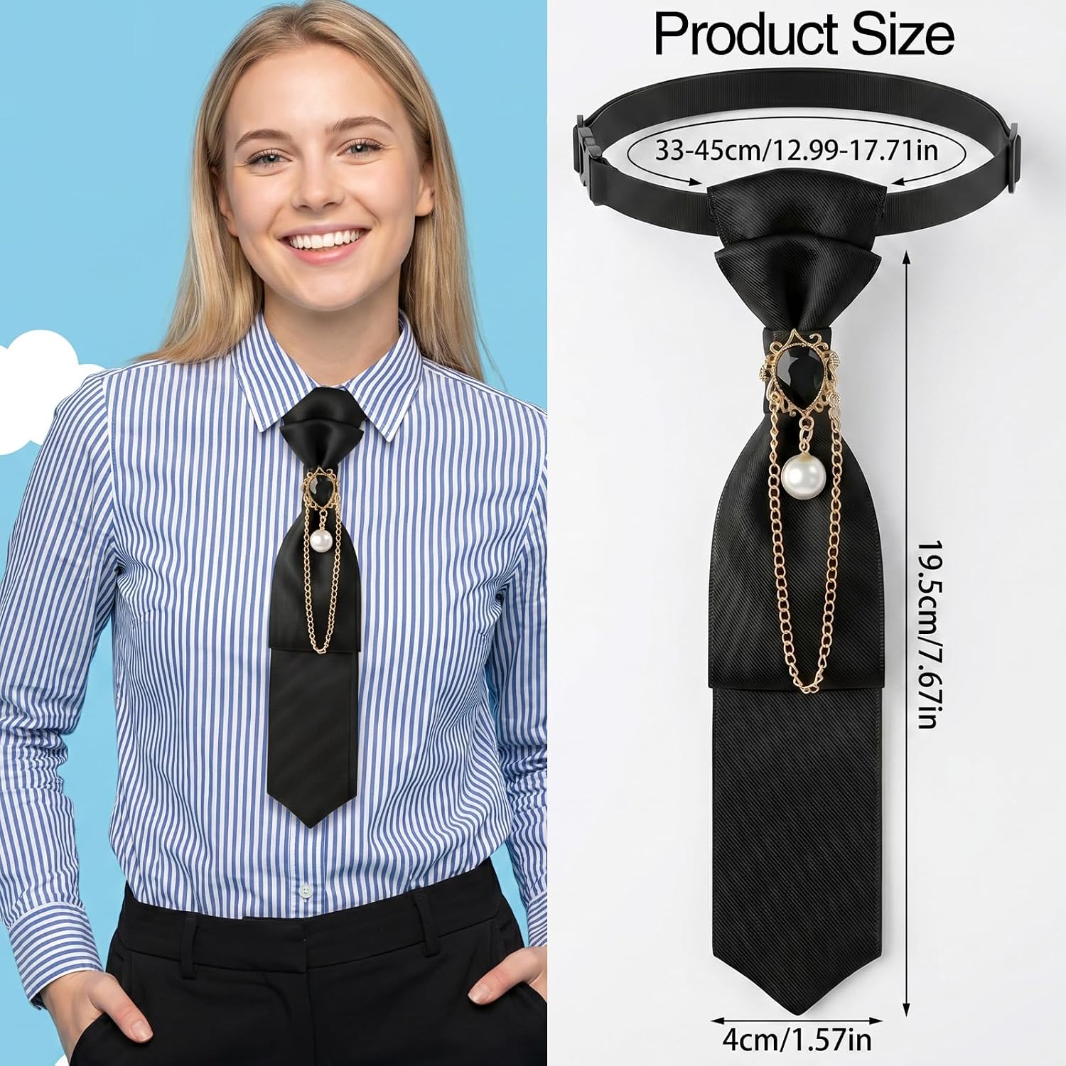 Rhinestone Ties for Women Girls with Pearl Teardrop Obsidian | Black Pre-Tied Womens Adjustable Tie Skinny Ties Girls Uniform Necktie for Graduation Party School Concert Work Wedding