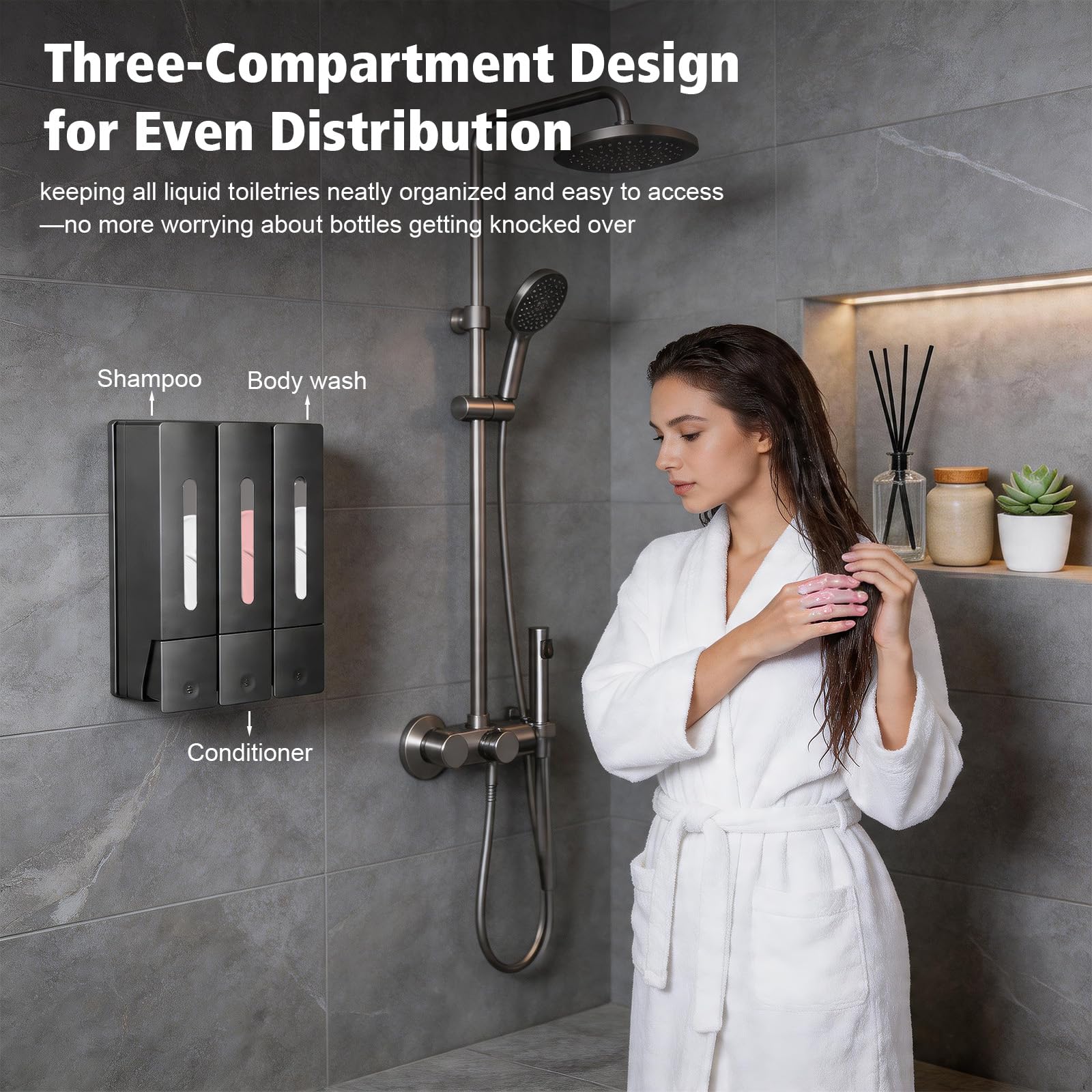 3 dispenser per gel doccia da 400 ml con finestra di visualizzazione | Dispenser per shampoo e balsamo,Dispenser di sapone da parete senza foratura,ricaricabile, per bagno e cucina