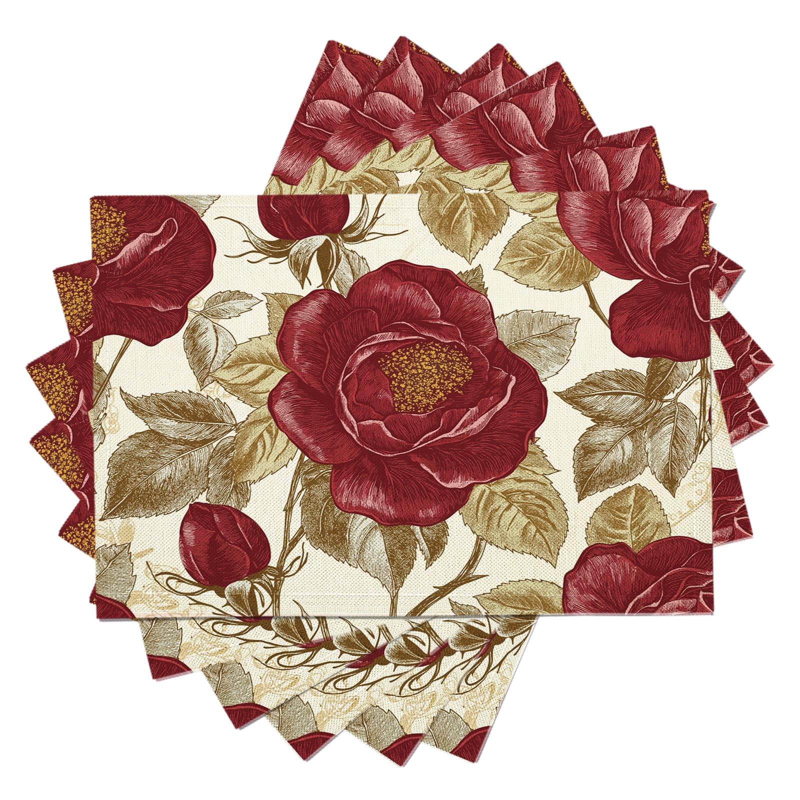 8 Pezzi Tovagliette Americana Floreale retrò - Tovaglietta Americane in Cotone e Lino Rose rosse Lavabili Sottopiatto per Sala da Pranzo Tavolo da Cucina 45 ×30 cm