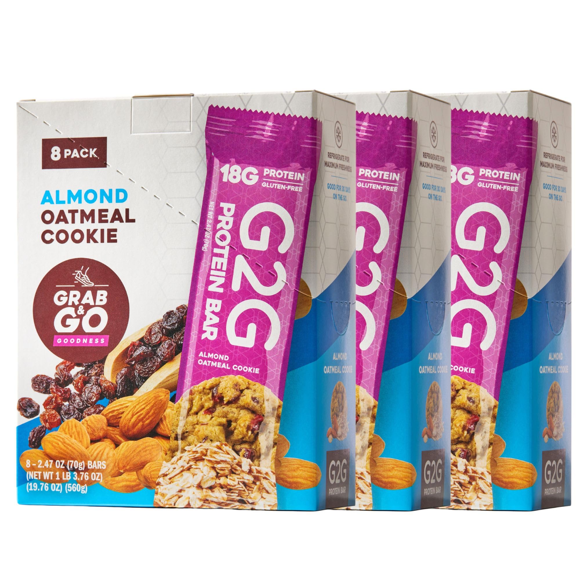 G2G Protein Bar, Almond Oatmeal Cookie, Real Food Ingredients, Refrigerated for Freshness. 24 Count (3 Packs of 8)