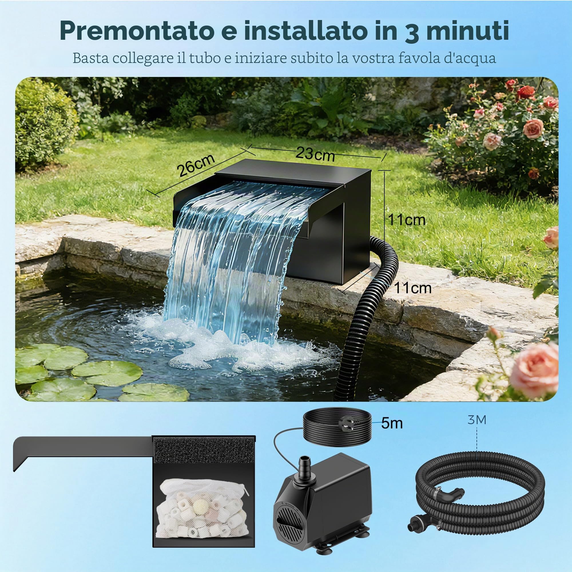 Biling Kit di cascata con sistema di filtrazione, pompa per bacino silenzioso 2500L/H e scarico in acciaio inossidabile da 20 cm con coperchio, portata regolabile per torrente e decorazione da