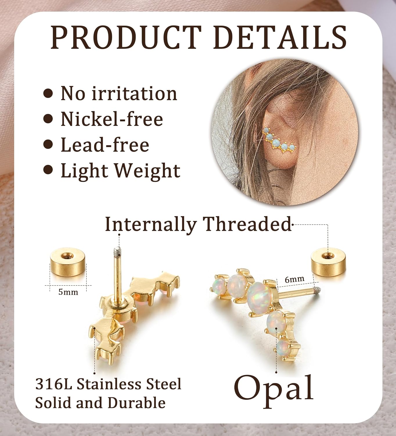 20G Cartilage Earrings for Women 14K Gold Stainless Steel Flat Back Cartilage Stud Earrings for Sensitive Ear Leaf Opal CZ Handmade Helix Conch Piercing Jewelry - Image 3