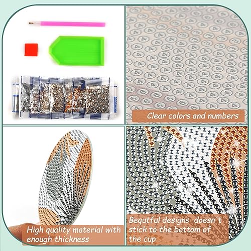 Miniatura 5 de 8 posavasos de pintura de diamantes de hojas con soporte, diseño de hojas grises, estilo bohemio, para adultos, niños, principiantes, kits de