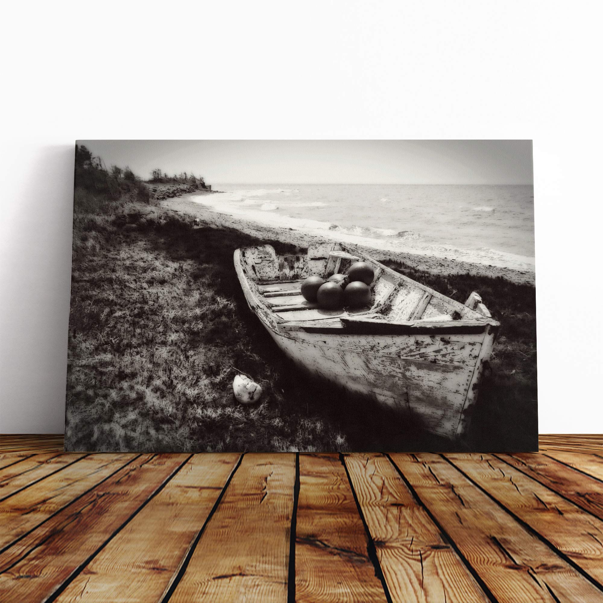 Seascape Boat Wreck Beach Canvas Print | Gallery Wrapped 30mm Frame Wall Art | 24x16 inches | Ready to Hang | Coastal Seascape Picture | Living Room Bedroom Lounge Office