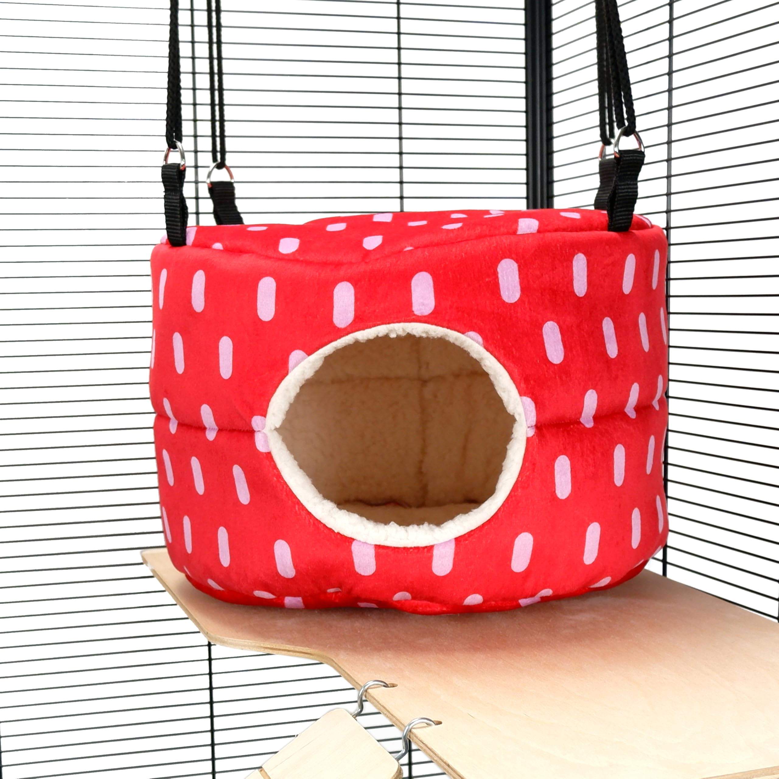 Little Friends HUGE Rodent-Hive Hammock Toy for Rats, Ferrets, Chinchillas – Soft Hanging Cave Bed – 30 x 30 x 25 cm - Red Dots