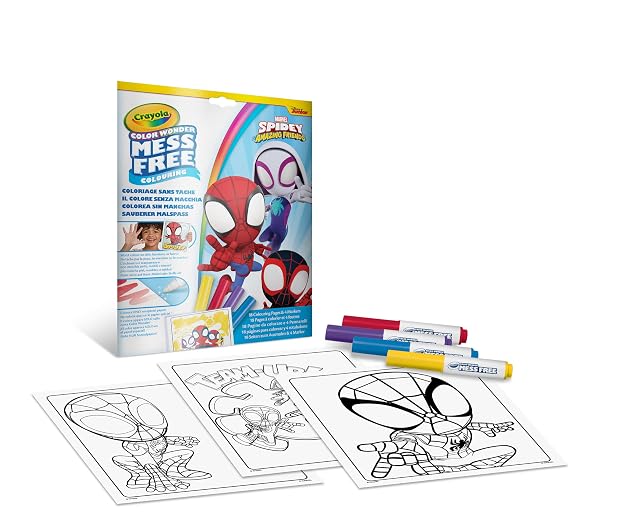 CRAYOLA - Color Wonder, Kit para colorear Spidey con 18 páginas para colorear y 4 rotuladores sin manchas…