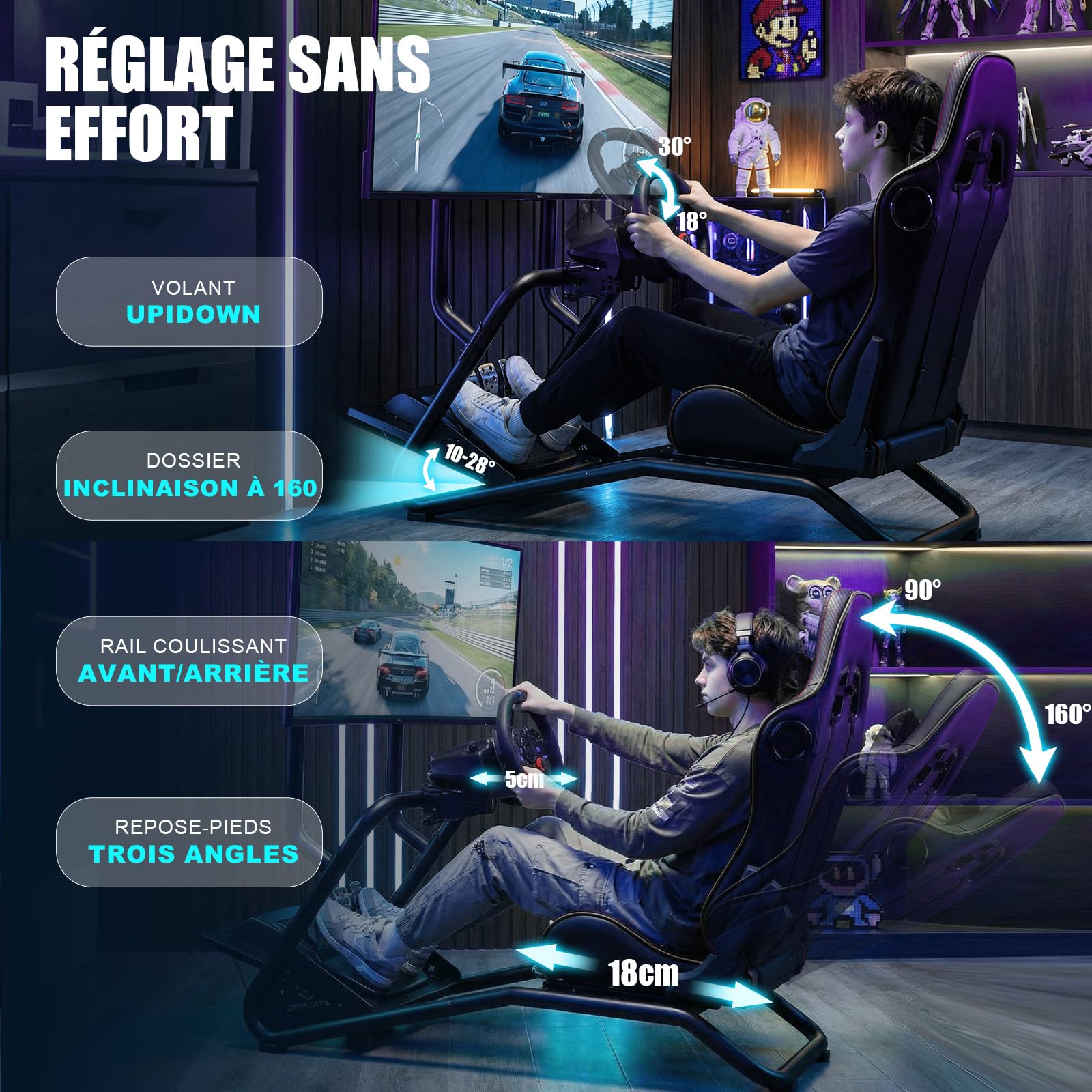 GTPLAYER Simulateur de Conduite, Siège de Simulation avec haut-parleurs stéréo 3D, Support pour écran, Support de volant réglable, Support pour levier de vitesse et pédales, Noir