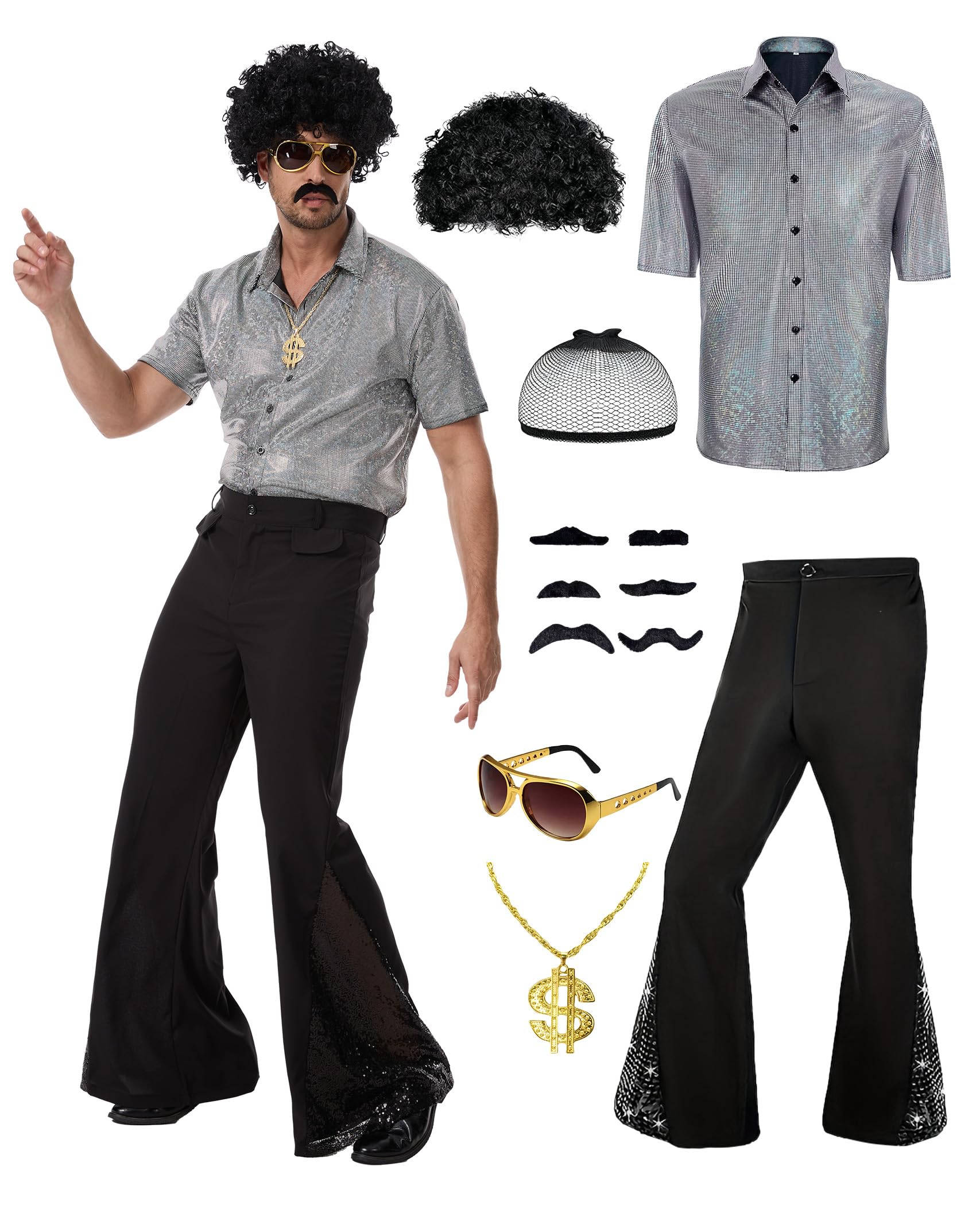 PQCXXA Men's 70s Disco Costume Set - Gold Sequin Shirt & Black Flared Trousers with Dollar Necklace, Sunglasses, Afro Wig & Moustache - Retro 1970s Fancy Dress Outfit for Men (Silver, L)