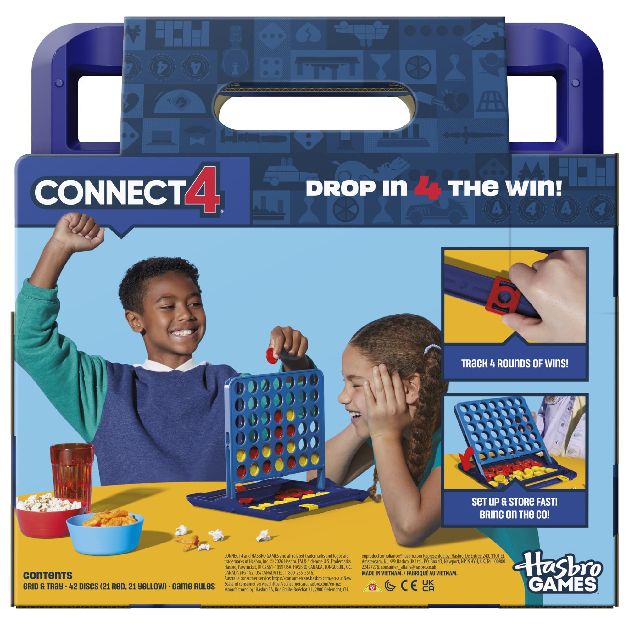 Gra Connect 4 (edycja 2025), oficjalne gry firmy Hasbro, schowek na wszystkie elementy, przenośne opakowanie, liczniki punktów, wiek: od 6 lat, dla 2 graczy, gry rodzinne dla dzieci - wersja angielska