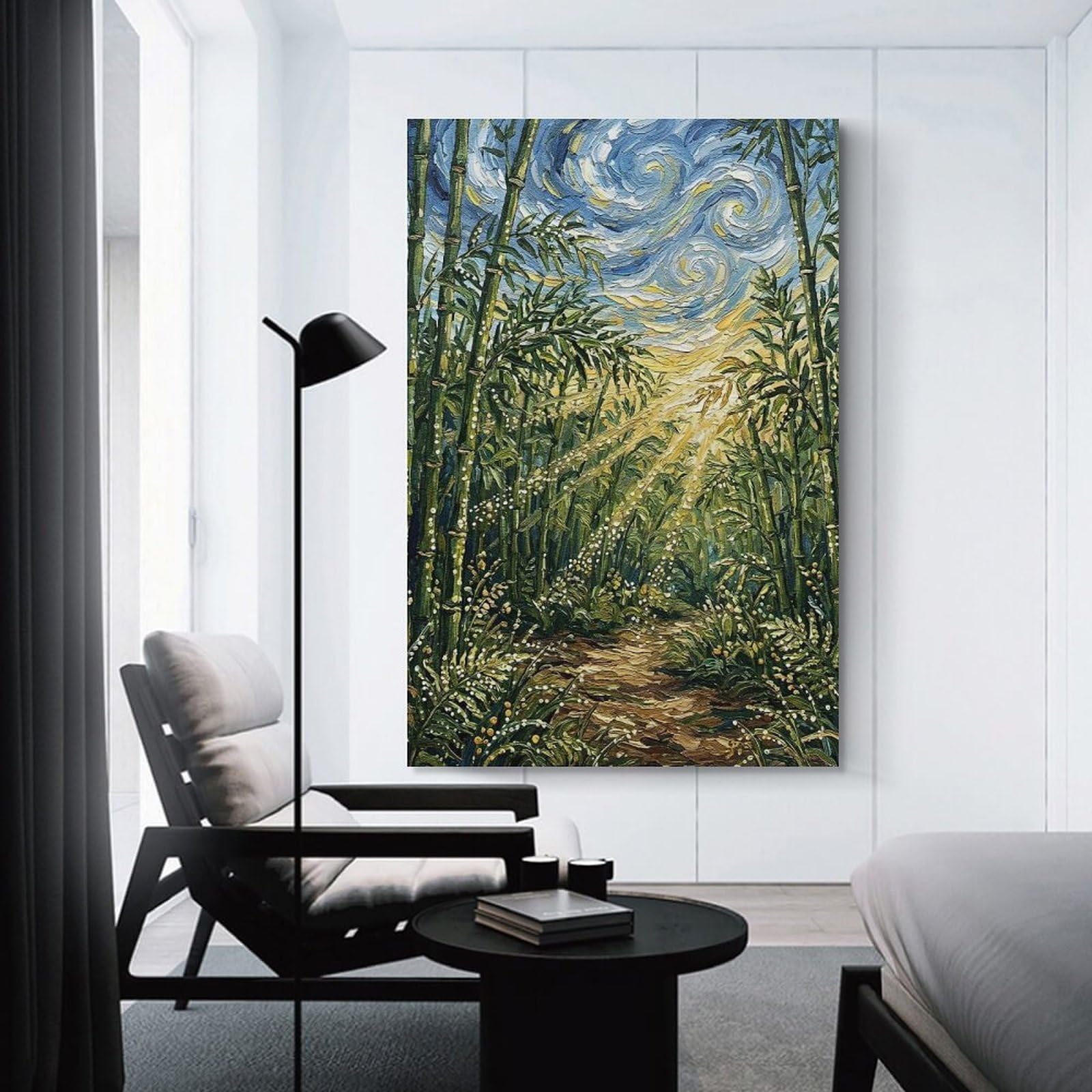 Junmoney Bamboo Forest Path with Starry Sky Wall Art Print, 24x36inch(60x90cm), for Workspace Walls, Study Corners Or Bedrooms, A Smart Decor Choice for Study Walls