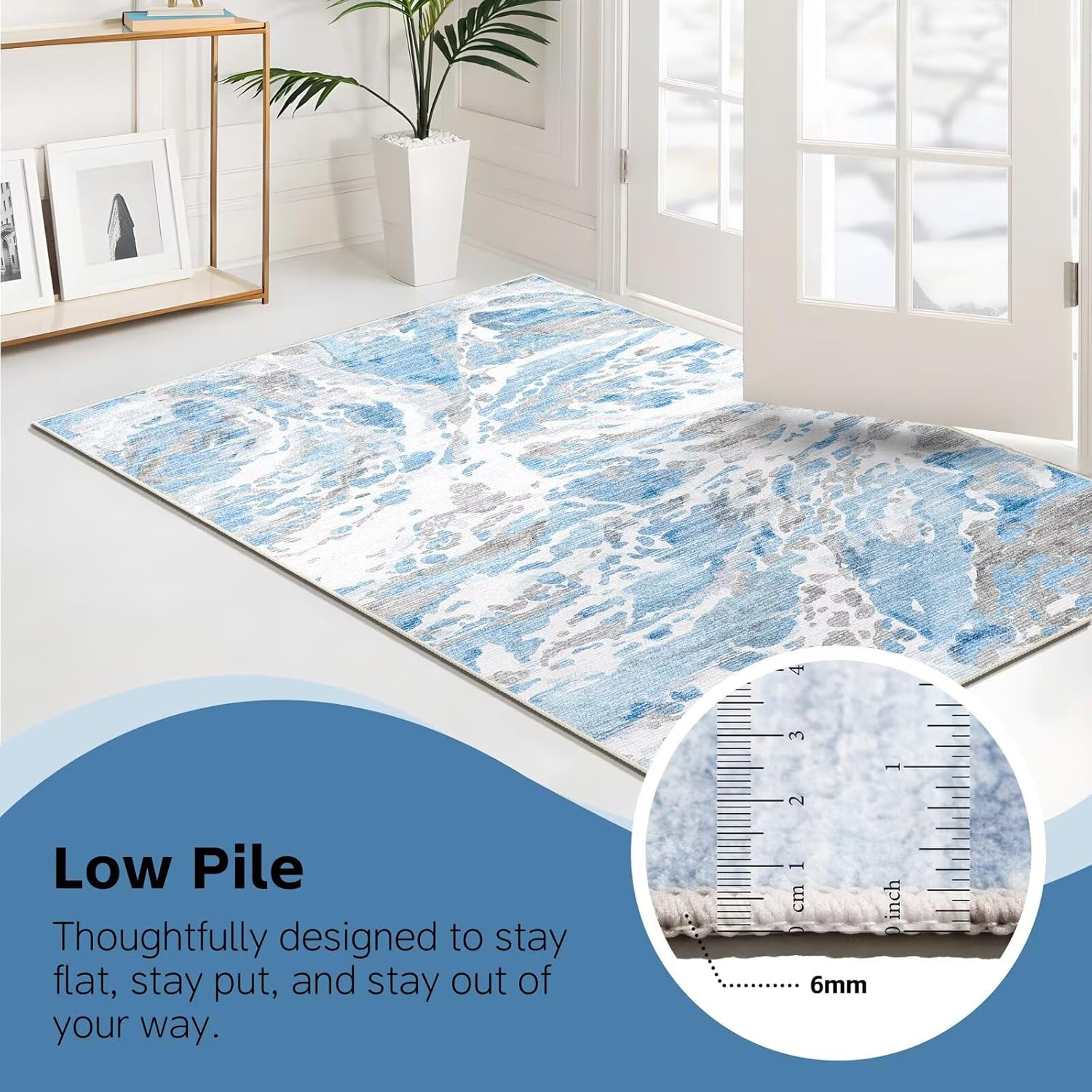 DEXDE Entryway Area Rugs 2x3 Washable Modern Abstract Door Mat Indoor Soft Small Carpet Non Slip Low Pile Throw Rug for Entrance Bedroom Kitchen Bathroom Laundry, Blue