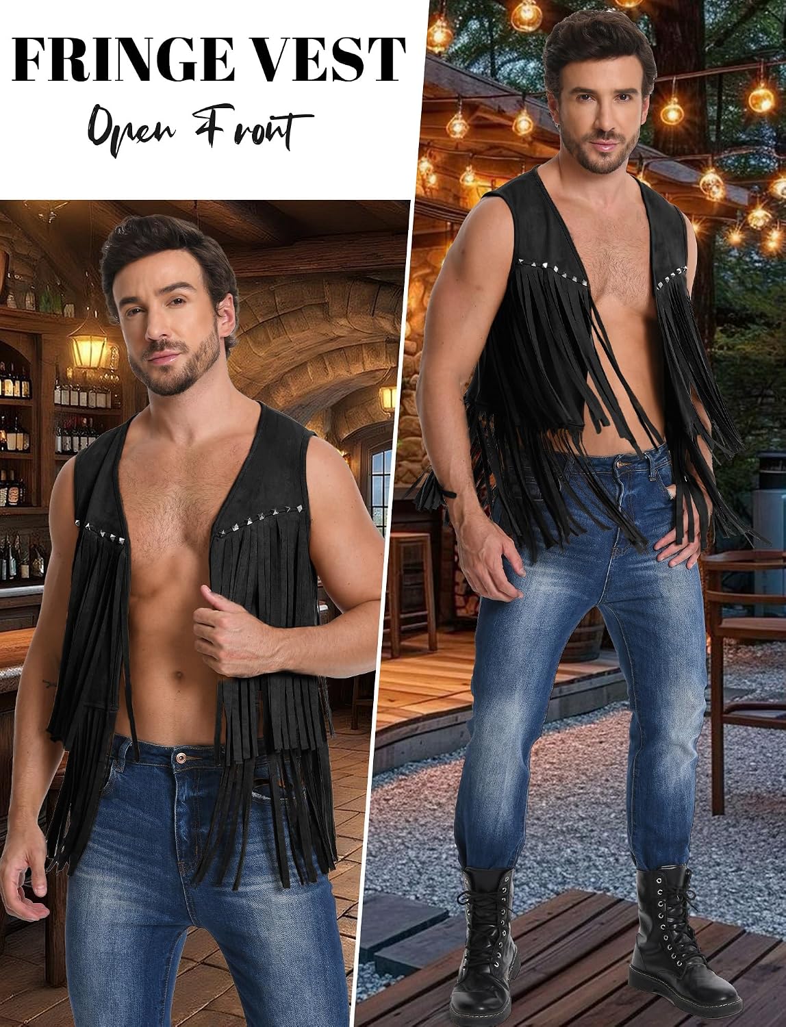 FEOYA Men’s Fringe Vest Faux Suede Sleeveless Open Front Jacket Western Cowboy Tassel Waistcoat 70s Hippie Costume