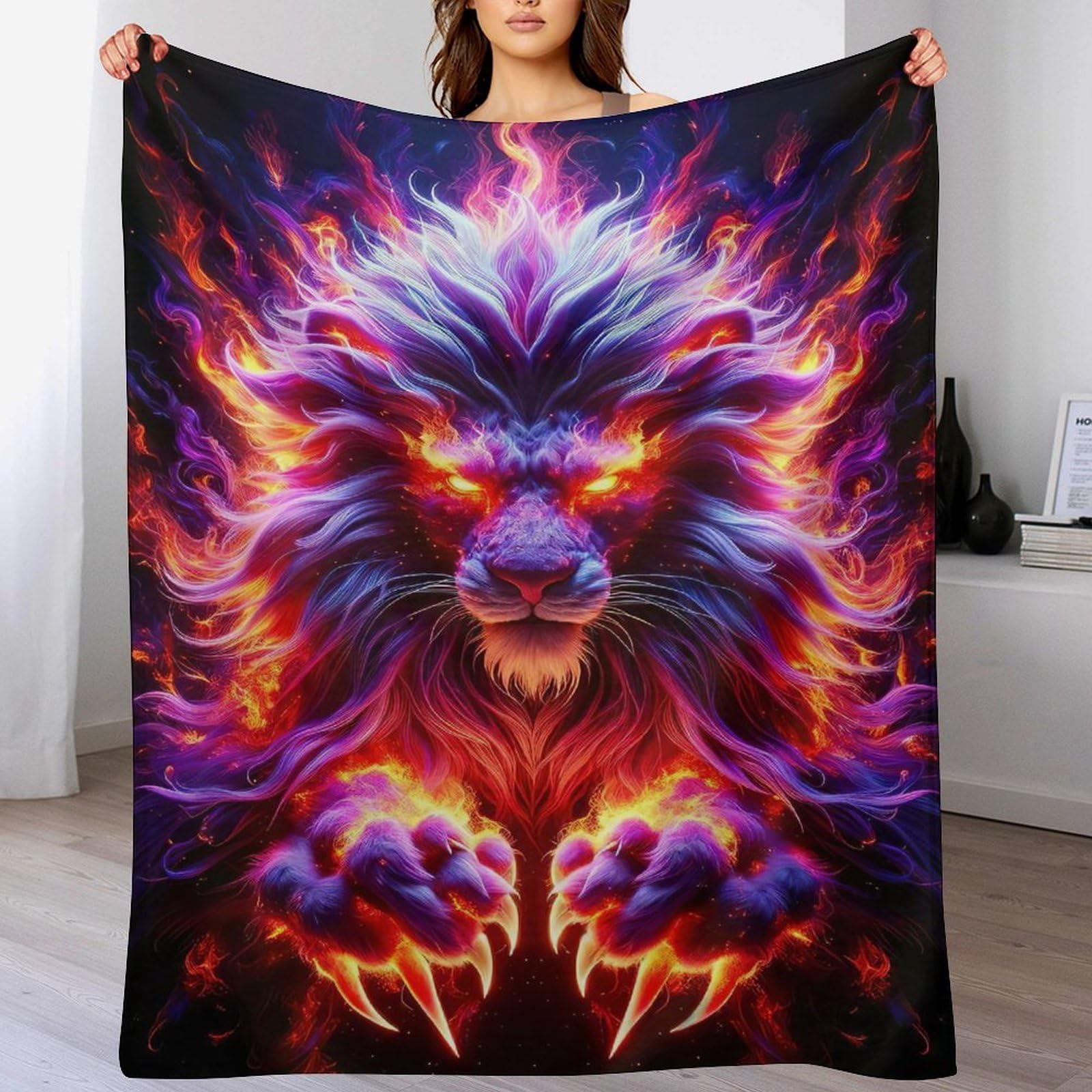 Couverture polaire plaid flannel lion chaud pour canapé lit 100x130cm