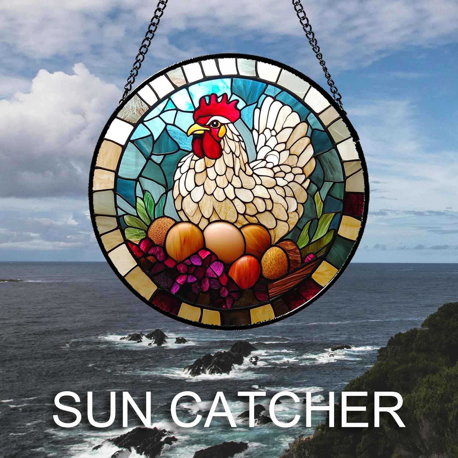DASTOLL Stained Glass Window Hanging White Chicken Hatching Eggs 7.8" - Suncatcher Door Garden Sunroom Sun Catcher Home Decor Birthday Christmas for Mom Men Woman Nana