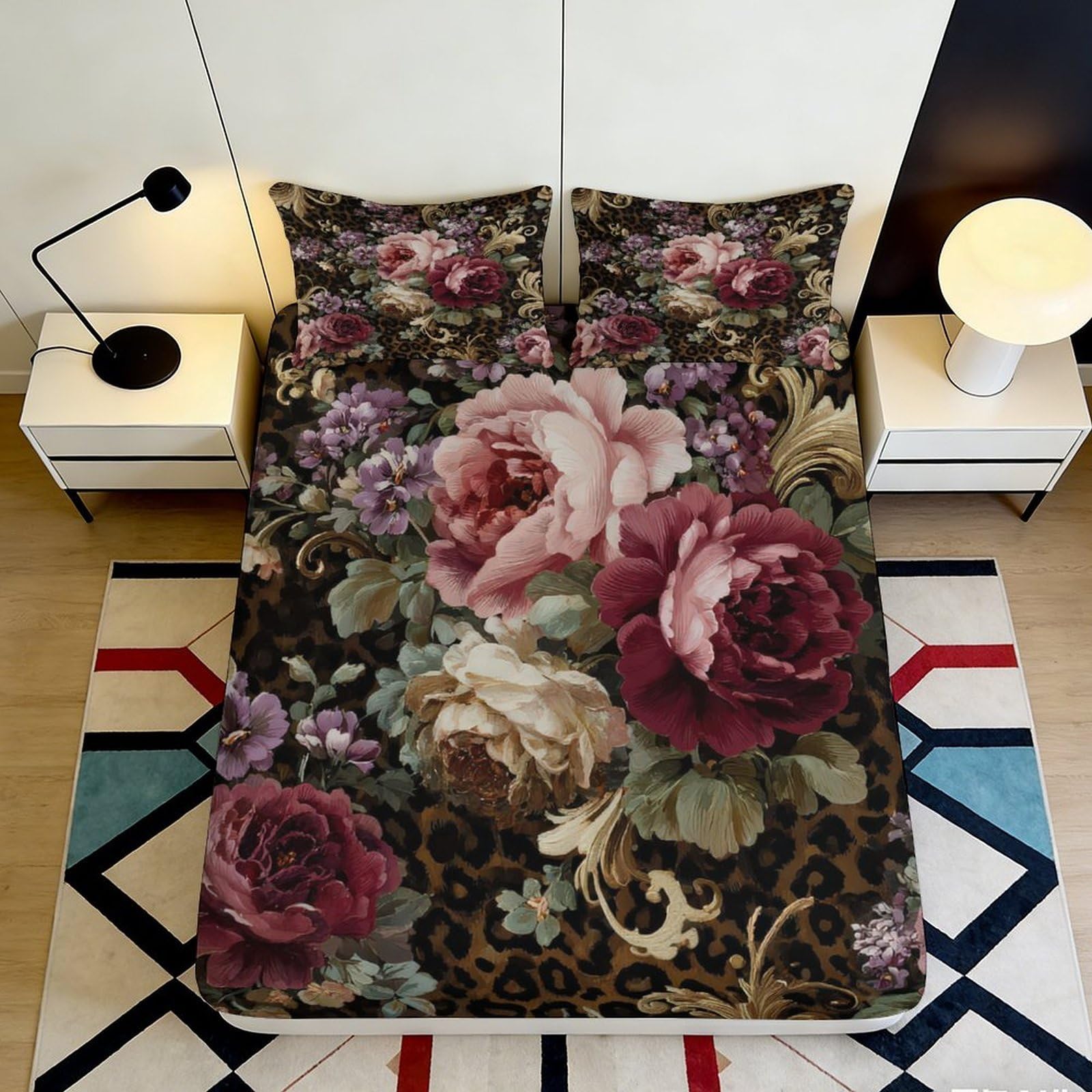 3D Printed Vintage Floral Fitted Sheet Microfiber Soft Breathable Leopard Pattern Bed Cover for Bedroom Guestroom Decor 120x200x25cm