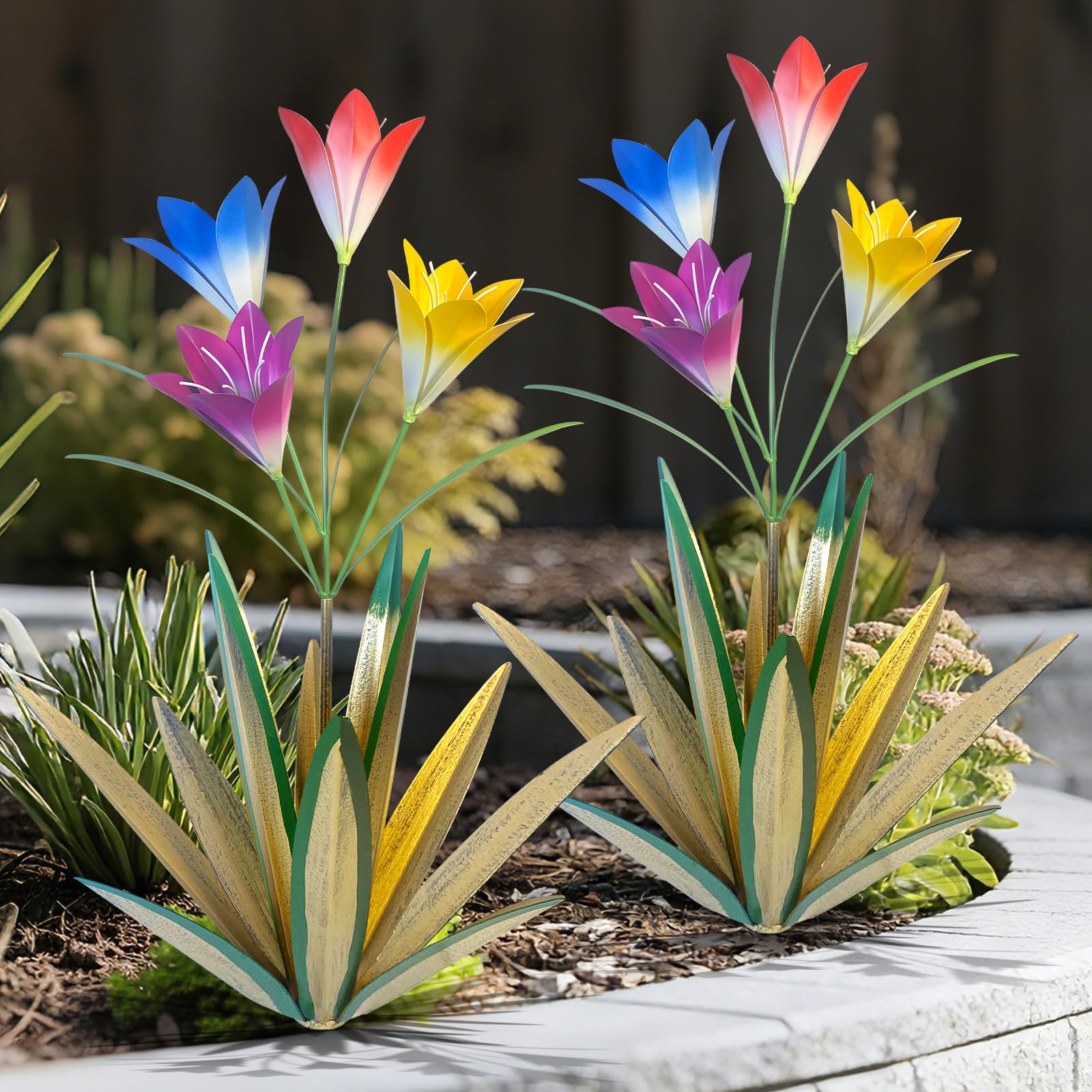 TOMBABY 32.28 Inch Metal Agave Plant Outdoor Decoration Lily Mexican Yard Art Garden Gift Home Decor Hand Painted Metal Agave Garden Yard Statue (2pc, Grass Green)