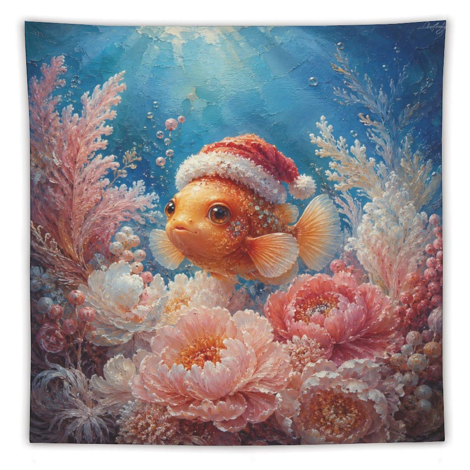 W7C8U2X3 Clownfish Santa Hat Coral Wall Tapestry, Oil Painting, Dorm Room