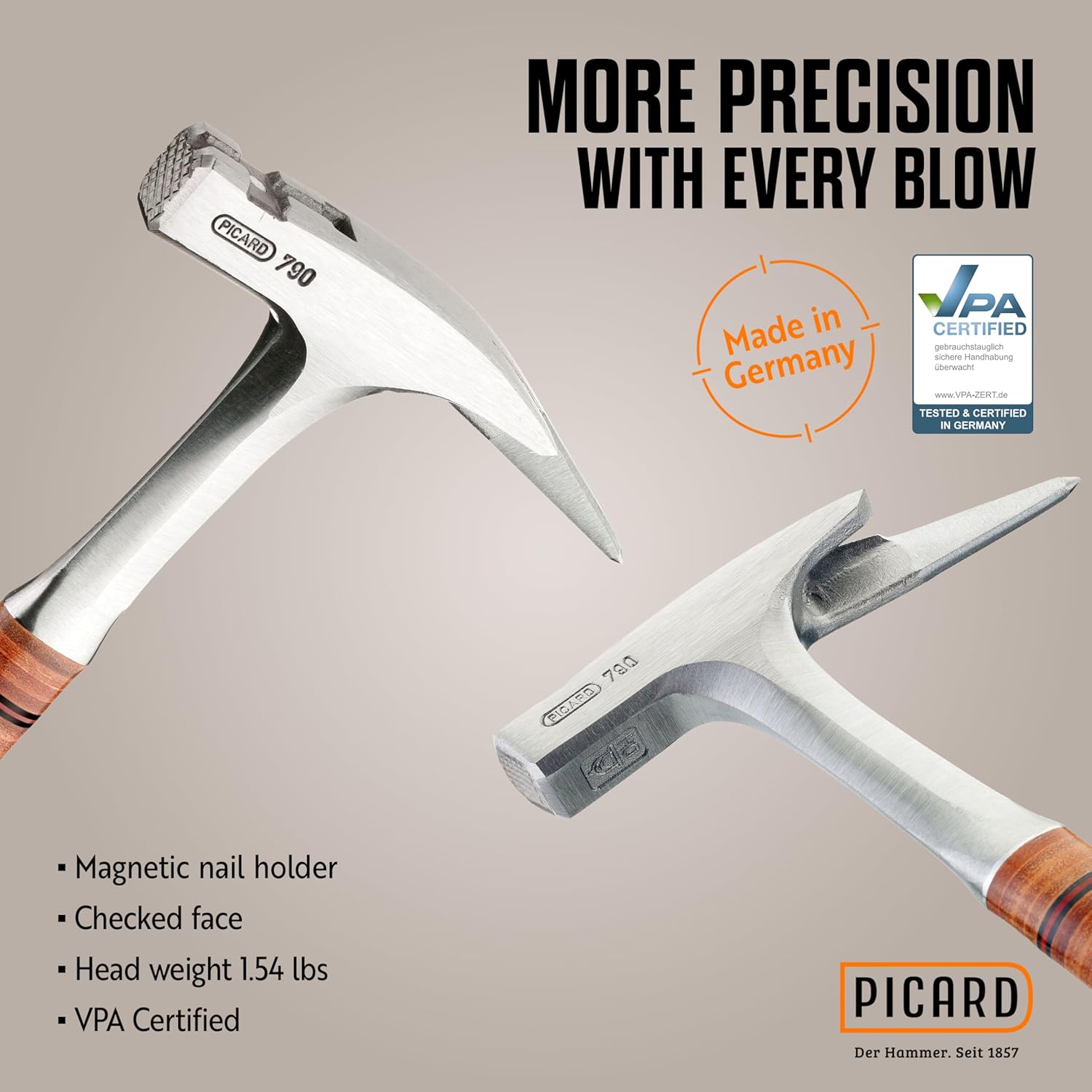 Picard Full-Steel Carpenter Roofing Hammer 950g – Checked Face, Bright Finished Alloy Steel Head with Magnetic Nail Holder, Forged Full Steel Handle & Leather Grip – 0079010