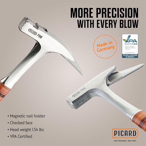 Picard Full-Steel Carpenter Roofing Hammer 950g Checked Face, Bright Finished Alloy Steel Head with Magnetic Nail Holder, Forged Full Steel Handle & Leather Grip 0079010