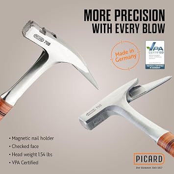 Picard Full-Steel Carpenter Roofing Hammer 950g Checked Face, Bright Finished Alloy Steel Head with Magnetic Nail Holder, Forged Full Steel Handle & Leather Grip 0079010