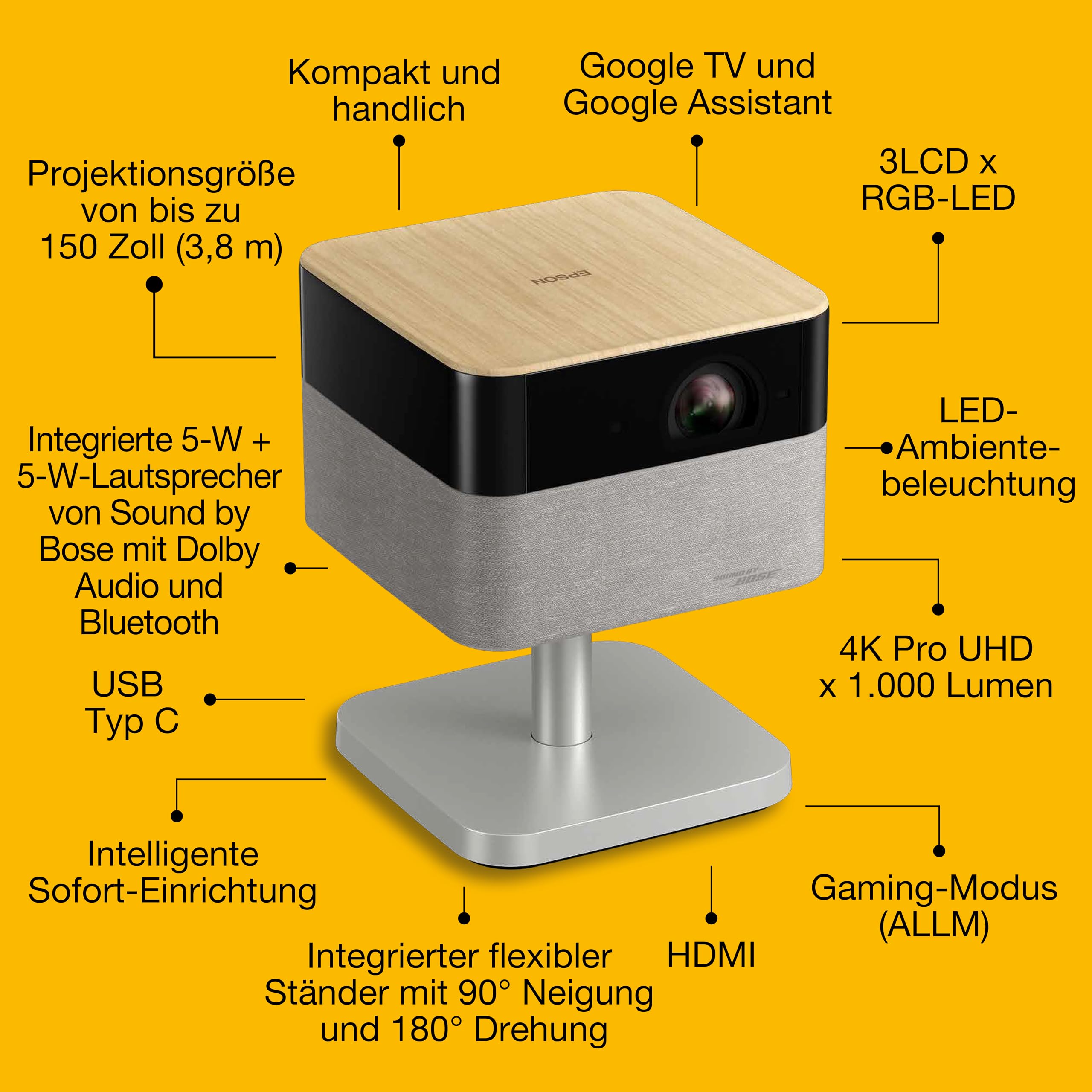 Epson Lifestudio Flex Plus EF-72 | Tragbarer 4K-PRO-UHD-Smart-TV-Projektor | 1.000 Lumen | 3LCD x RGB-LED | Sound by Bose | Google TV | Einfache Einrichtung | 150''-Display | 5 Jahre Garantie | Eiche