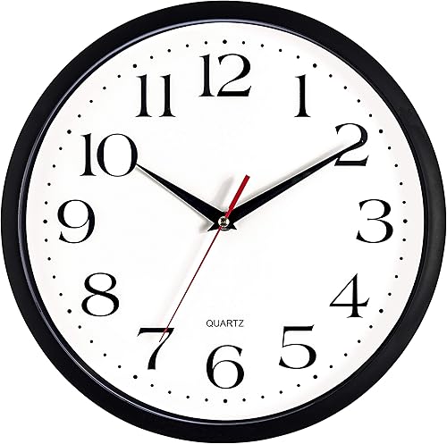Bernhard Products Reloj de pared con batería de cuarzo de 10 redondo fácil de leer para el hogar la oficina o la escuela negro 12 pulgadas