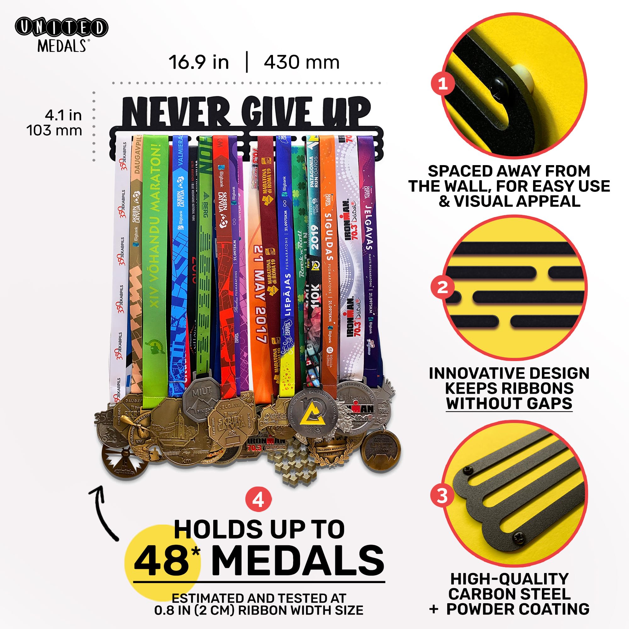 Never Give Up Sports - Soporte de Acero para Colgar medallas, Marco de Montaje en Pared