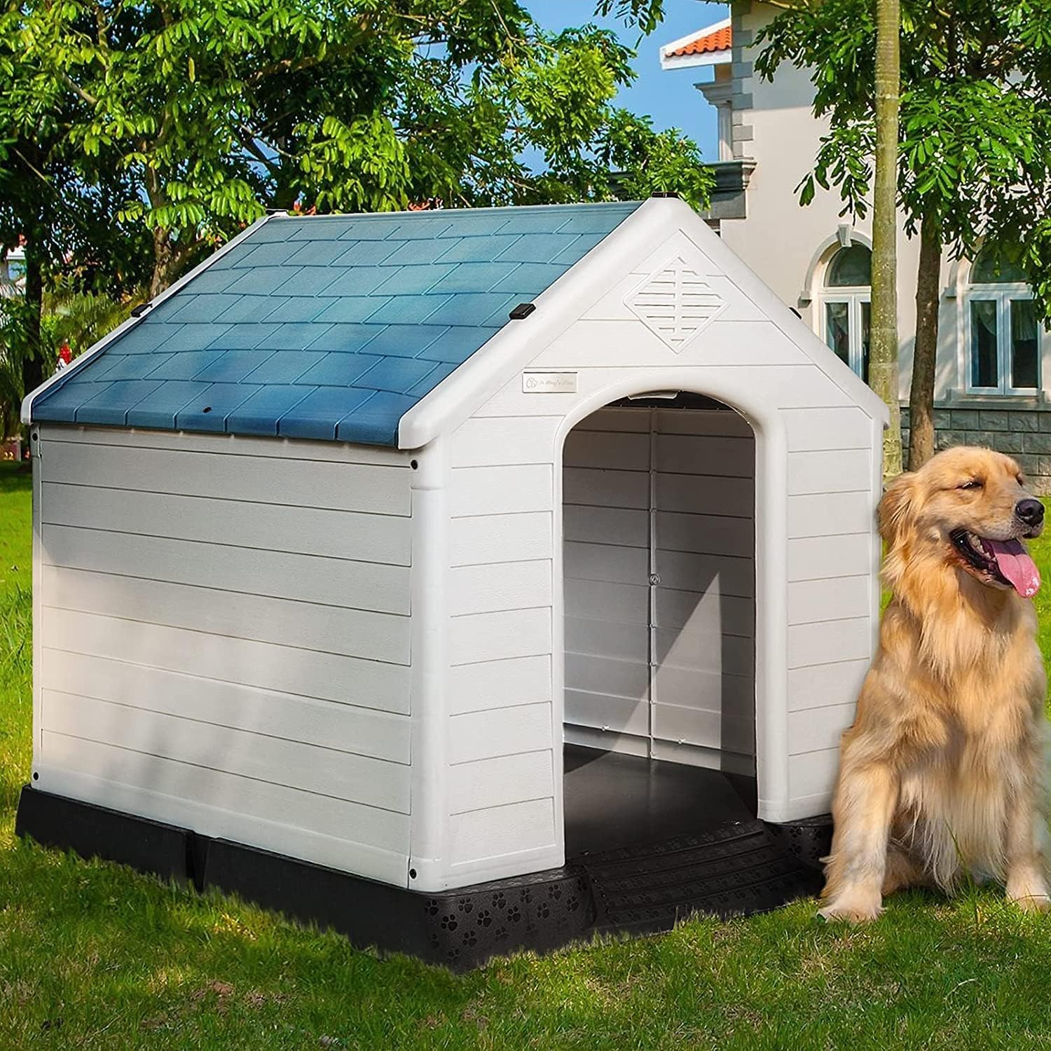 SKADE Dog House Plastic Pet Puppy Kennel Waterproof Windproof Dog Shelter with Gate, Air Vents and Elevated Floor, Outdoor Indoor Large Dog House for All Weather(101 * 96 * 108CM)