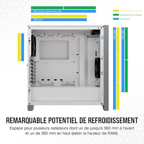 Corsair 4000D Airflow Boîtier ATX Moyen Tour en Verre Trempé (Panneau Avant à Flux d’air Élevé, Panneau latéral Verre Trempé, L’intérieur Spacieux, Deux Ventilateurs de 120 mm Inclus) Blanc - 6