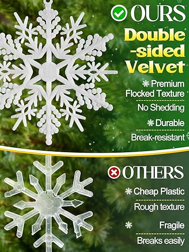 Miniatura 2 de 36 copos de nieve navideños de terciopelo, copos de nieve surtidos de doble cara con cuerdas para colgar, adornos de copo de nieve blancos para