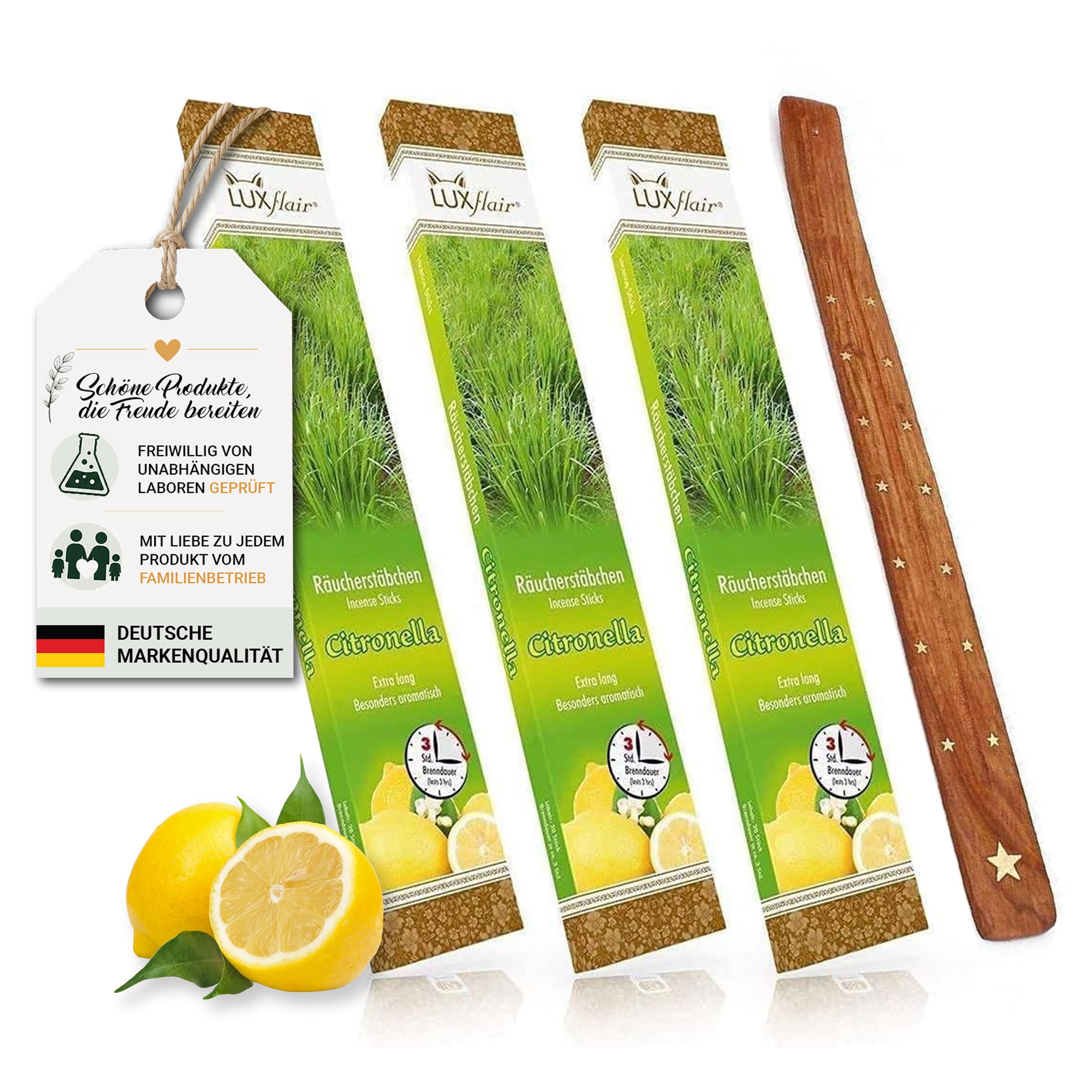 LUXflair XXL Set económico: 3 Paquetes de Varillas de Incienso Gigante Citronela 3x20 con hasta 3 Horas de luz por Varilla, para Uso en Exteriores, Incl. Soporte