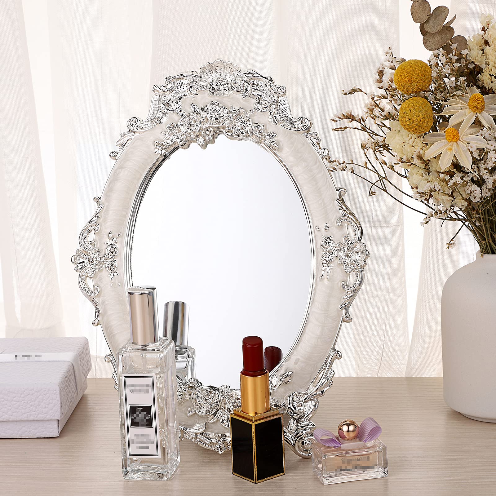Espejo de tocador pequeño de mesa, espejo de escritorio de metal vintage con soporte, rosas antiguas en relieve, espejo de maquillaje, espejo retro ovalado decorativo para centros de mesa 8